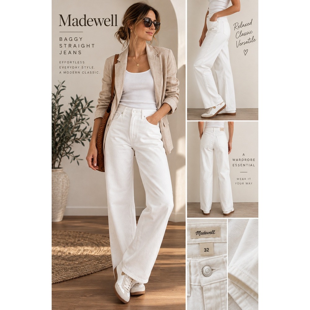 Madewell Baggy Straight Jeans White Pleated High Rise Denim Pants Size 32